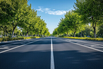 Tree-lined road on a sunny day with clear sky and green foliage