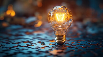 A glowing light bulb made of puzzle pieces against a dark background.
