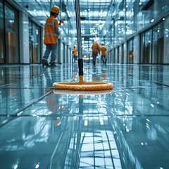 Professional cleaners restore shine to modern office floors with expert techniques and equipment