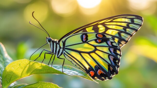 A yellow butterfly with black stripes and red spots rests on a green leaf in the warm sunlight.