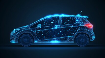 Abstract Wireframe Of Autonomous Vehicle On A Dark Blue Backdrop. Transportation Innovation.