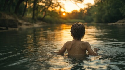 A young boy wades in a river at sunset, gazing out towards the horizon. The setting sun casts a warm glow on the water.