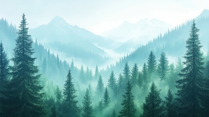 Fototapeta premium Misty mountain landscape with lush green forests and a soft, blue sky.
