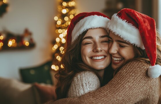 Two joyful women in Santa hats sharing a warm embrace in a festive living room with glowing Christmas lights and a beautifully decorated tree