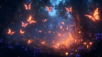 Fototapeta premium A mesmerizing scene of glowing butterflies in an enchanted forest at twilight.