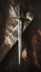Elegant medieval longsword showcasing craftsmanship on wooden surface with warm atmospheric lighting