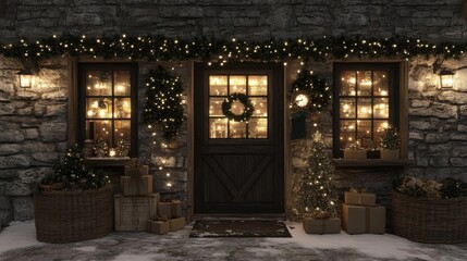 Classic Christmas storefront with warm lights, exclusive holiday items, and a snowdusted entrance,Adjust White Balance and Sharpness,high resolution for commercial purposes.--c 35