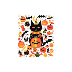 Halloween Black Cat with Pumpkins and Bats Illustration