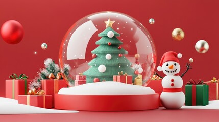 christmas snow globe, christmas tree and snowman scene, gifts flat design front view North Pole theme 3D render 