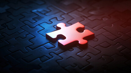 vibrant red puzzle piece stands out against dark, textured background, symbolizing problem solving and creativity. glowing effect adds modern touch
