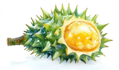 Watercolor durian with spiky green exterior and yellow flesh, exotic and bold on white, 3D illustration