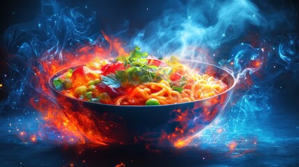 A bowl of steaming noodles with vegetables is engulfed in fire and smoke.