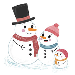 A lovely family of snowmen. Dad; mom and child isolated on a white background. Christmas design concept.