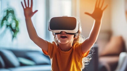 A child wearing a VR headset and playing a virtual reality game in the living room, moving their arms as if interacting with the virtual world.
