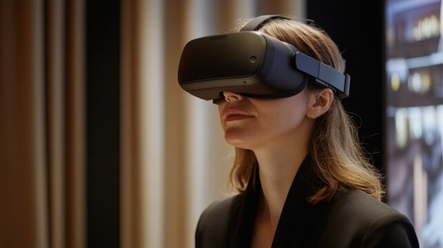 A businesswoman wearing a VR headset in a conference room, using virtual reality for a presentation or meeting. - Powered by Adobe