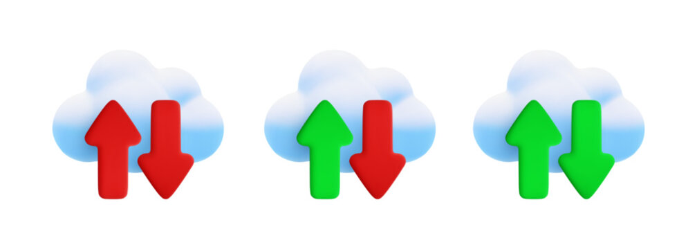 Vector cartoon 3d cloud computing icon set. Realistic render of cloud, green and red upload download arrows. Data storage concept, cloud technology online service, server connection, data transfer.