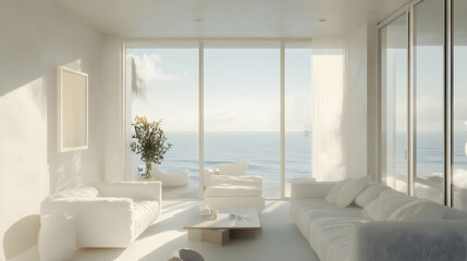 Fototapeta premium Tranquil Minimalist Coastal Living Room with Light Textures, White Furnishings, and Unobstructed Ocean Views