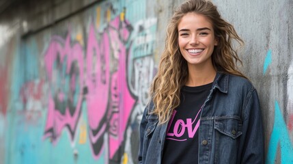 Fototapeta premium Happy Young Woman Smiling Urban Graffiti Background Street Style