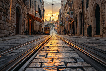 Obraz premium Beautiful sunset over cobblestone street with tram tracks in Old City