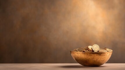 Rich golden light illuminating a decorative bowl filled with coins symbolizing wealth auspiciousness and the spirit of Dhanteras, with copy space for text