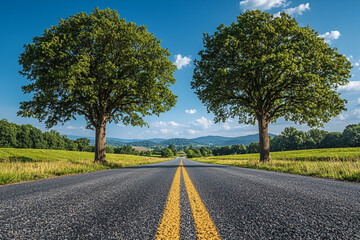 Fototapeta premium Wide open road flanked by trees and rolling hills under a clear sky