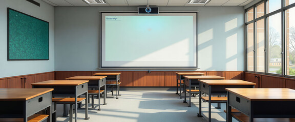 A classroom with a large white board and wooden desks. The room is empty and the only people visible are the teachers