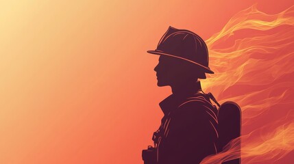 Brave firefighter silhouette facing fire with orange background