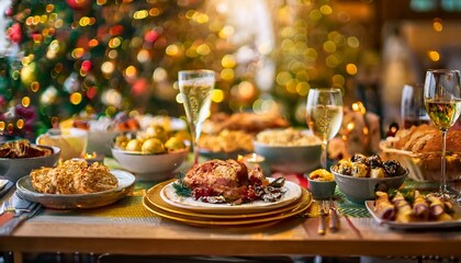 Naklejka premium Christmas Dinner table full of dishes with food and snacks, New Year's decor with a Christmas tree on the background.