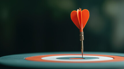 dart with heart shaped flight hits bullseye on target board, symbolizing precision and passion in game