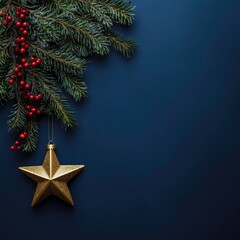 Festive Gold Star Ornament Hanging from Evergreen Sprig with Red Berries on Dark Blue Background with copy space