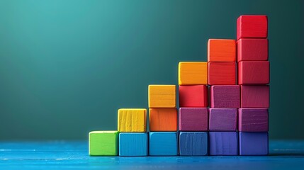 Colorful wooden blocks form a rising bar graph to represent growth and progress in learning development