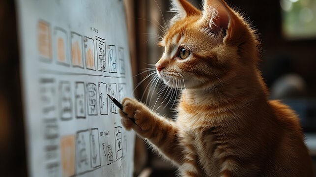 Curious cat engages with interactive whiteboard to learn new concepts and skills