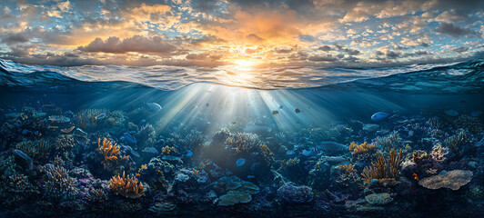Beneath shimmering surface, vibrant underwater world thrives with colorful corals and diverse marine life, illuminated by golden sunlight