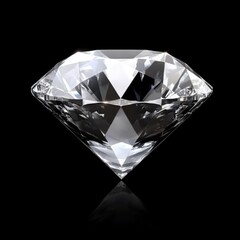 A large, brilliant diamond isolated on a black background with a subtle reflection.