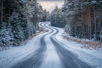Winding snow-covered road through winter forest landscape