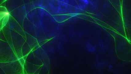 Dynamic green abstract light lines against a dark blue background, creating a mesmerizing and futuristic visual effect