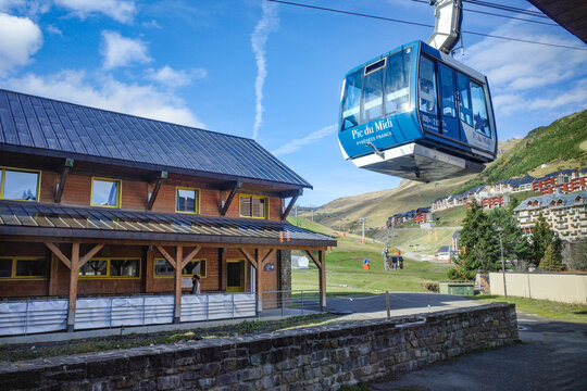 La Mongie, France - 2 Nov, 2024: Cable car from La Mongie to the Pic du Midi, in the French Pyrenees