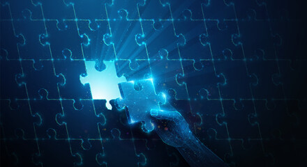 Abstract illustration of low poly hand completing puzzle. Blue geometric background depicting synergy partnership and business teamwork concept by wireframe connection structure