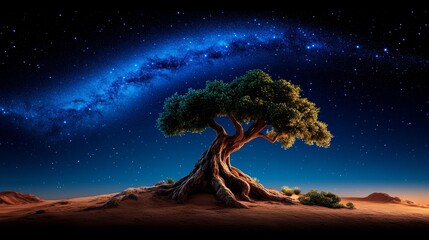 Majestic Desert Tree Under Night Sky Milky Way Galaxy