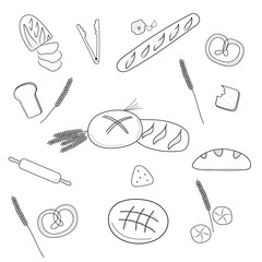 Bread and bakery doodle set. Bagel, baguette, bun, sliced bread. Hand drawn vector illustration isolated on white background.