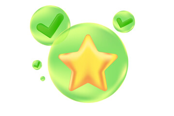 Cute gold 3D star icon with glowing texture, inside green bubble isolated PNG, transparent background. Best seller, quality icon. Competition, winner, customer icon isolated vector illustration