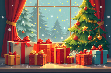 New Year tree decorated with toys and boxes of gifts for Christmas