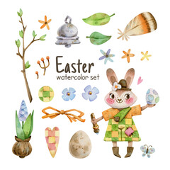 Watercolor set of Easter elements. Hand-drawn illustrations featuring flowers, eggs, bunnies, leaves, and other design elements.