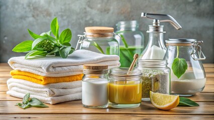 A set of eco-friendly cleaning supplies, including vinegar, baking soda, and essential oils in glass jars, with reusable cloth wipes neatly stacked