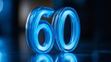 Neon Glowing Number 60 With Reflection On A Dark SurfaceCelebrating A 60th Anniversary