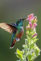 Obraz premium Hummingbird feeding on pink flowers.