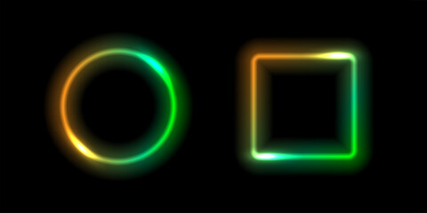 Neon glow round and square light frames. Abstract light background. Colored laser bright round and square icons. Colorful geometric graphic vector set isolated on black.