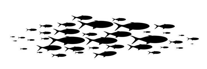 Fish group swimming. School of blackfish. Silhouette of group of sea fishes. Abstract vector illustration isolated on transparent.