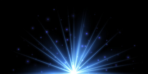 Fototapeta premium Blue light flash effect with shine glow rays on black horizontal background. Flare of light with beams in dark space. Bright spark shining vector illustration.