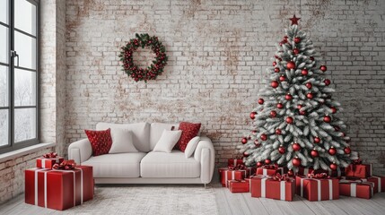 Christmas tree and gifts flat design front view North Pole theme 3D render 